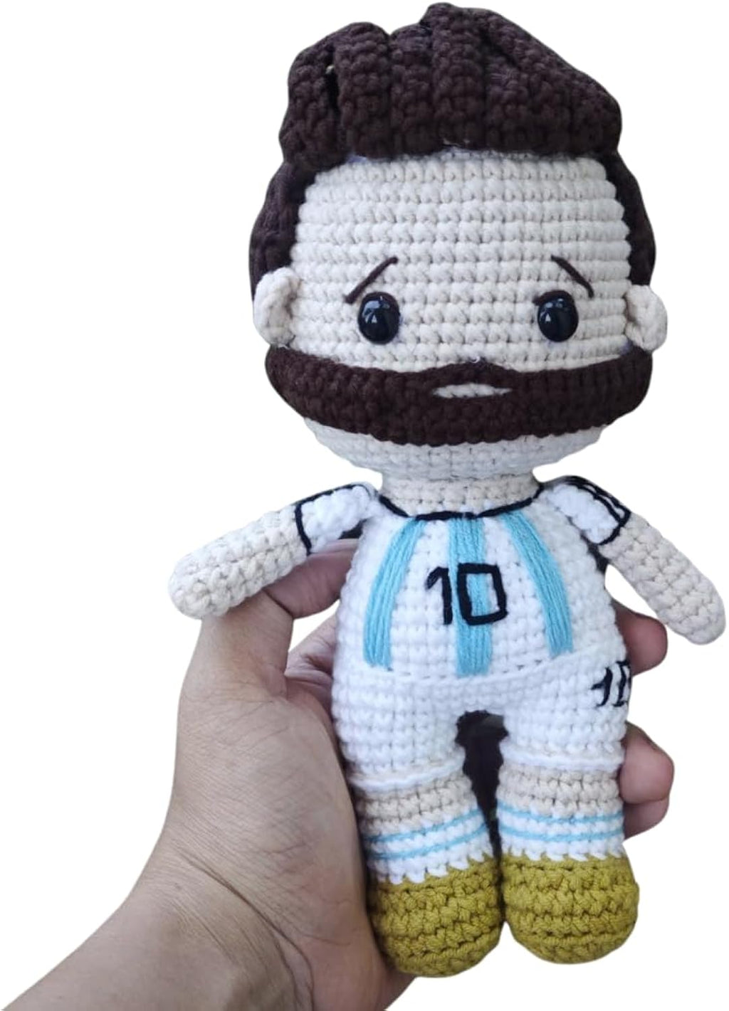 Handmade Crochet Messi Doll Soccer Player Soft Toy Amigurumi Football Player Plush Doll Kids Room Décor Cute Soccer Gift for Children Soft Stuffed Toy for Little Athletes