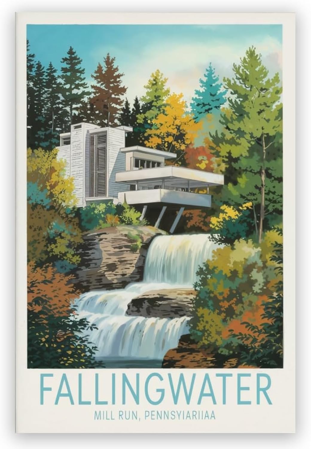JYscillate Fallingwater Architecture wall art vintage travel posters nature city landscape picture Canvas Prints Suitable for home room living room office bedroom Aesthetic decor 8x12inch Unframed