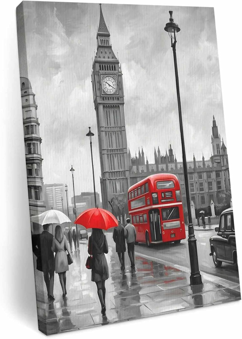 Wood Canvas Wall Art, City Street Wall Decor for Hallway Bathroom Bedroom, Big Ben London River Bus Bridge Rainy Day Canvas Prints Artwork Ready to Hang Home Decor Accent, Housewarming Gift 8''x12''