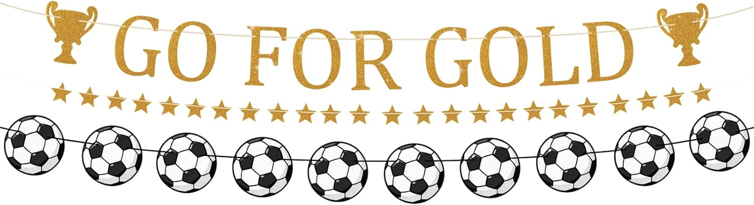 GO FOR GOLD Soccer Banner, Pre-Strung Sports Themed Party Decorations with Trophy, Glitter World Cup Champion Banners for Sports Themed Birthday Party Favors Indoor Home Decor