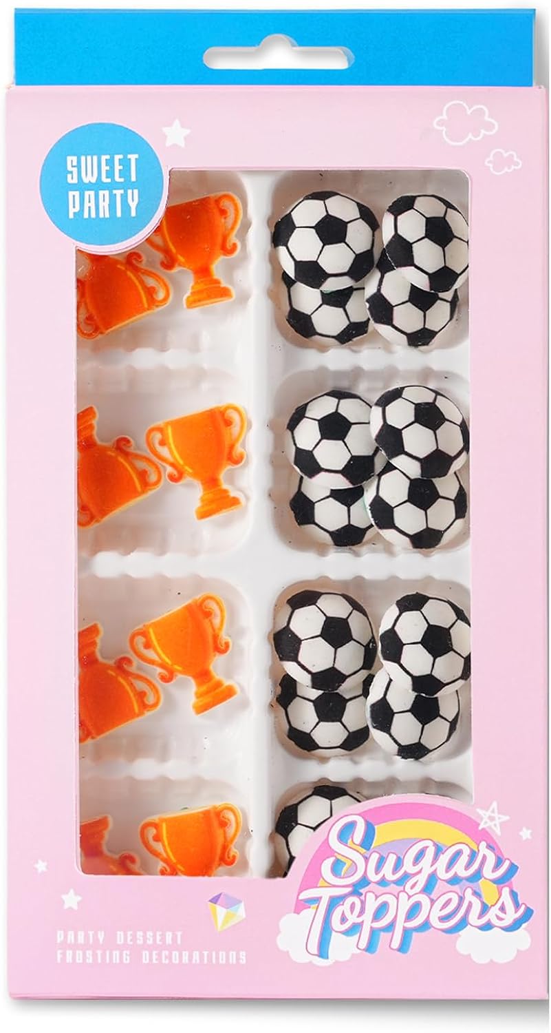 Soccer Icing Decorations 24 Counts Edible Football & World Cup Trophy Royal Icing Decoration Sugar Sprinkles for Baking Cupcake Topper Cake Ice Cream Cookies Chocolate