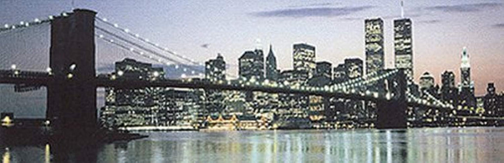 Manhattan Skyline The Bridge and Beyond 36x12 Art Print Poster Panoramic Night Brooklyn Bridge Twin Towers World Trade Center New York City Michael Pasdzior