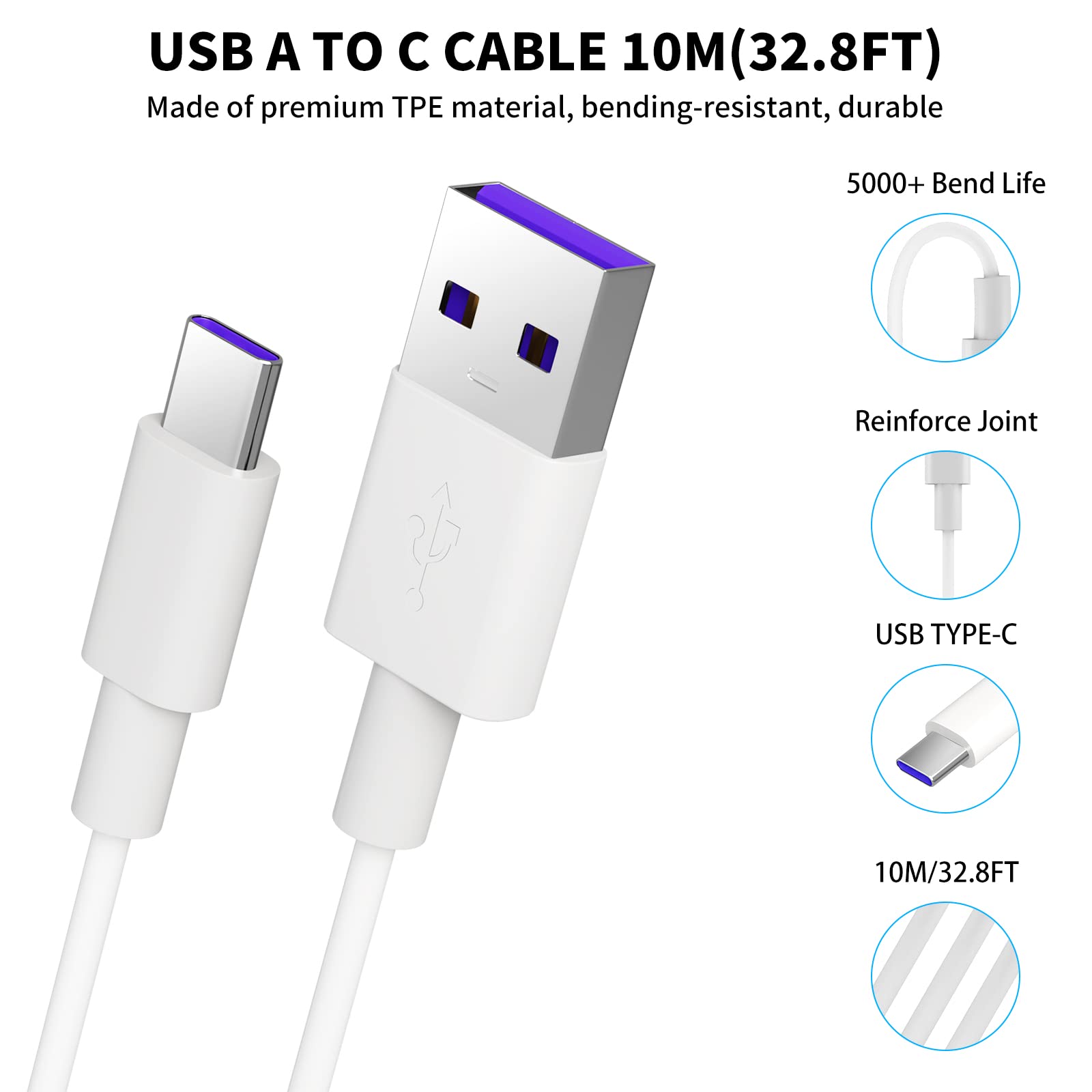 ACAGET USB to USB-C Charging Cable 32FT, Power Extension Cable for Vimtag Mini G3 Xiaomi Smart Camera C400 C500 Pro, Type C Charger Cord with 10 Wire Clips for Security Camera Outdoor/Indoor White
