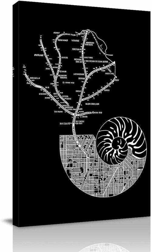 Abstract City Route Canvas Wall Art 24x36 Inch,Nautilus Conch on Black Framed Canvas Painting Print Posters,Ready to Hang,Wall Decor for Living Room Bedroom Office