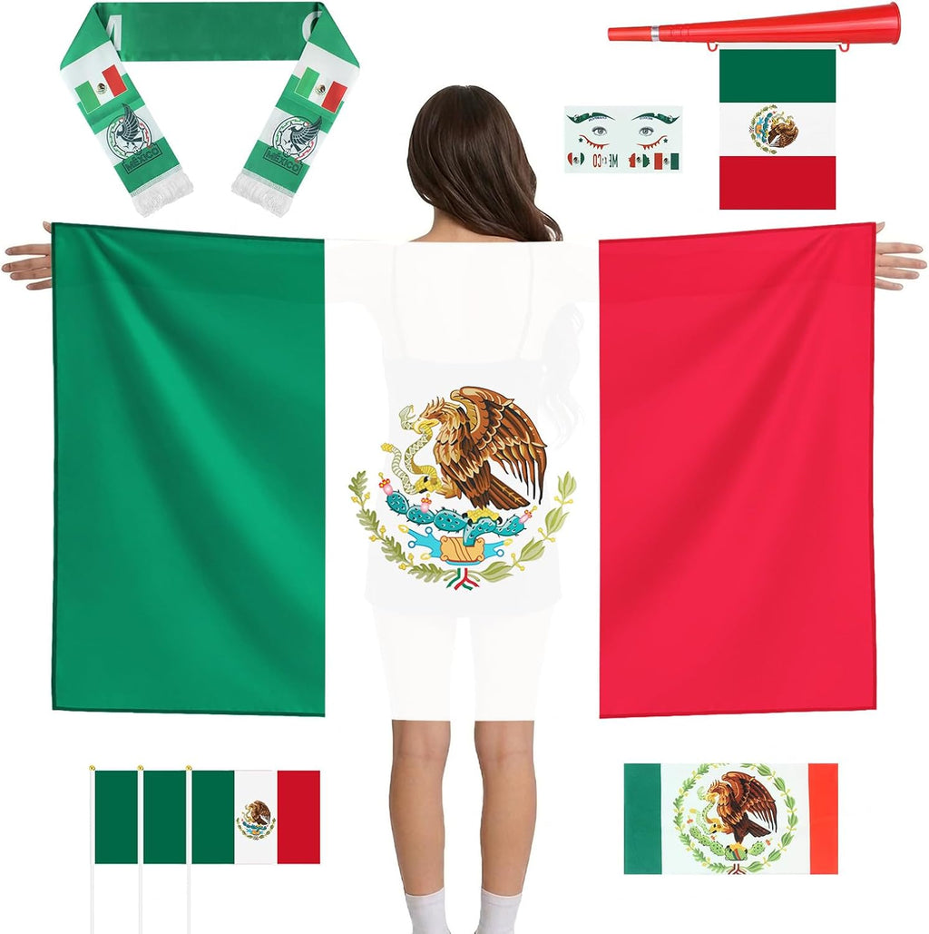 World Cup 2026 Mexican Team 6 in 1 Fan Party Kit | Headband, Whistle, Cloak, Muffler, 3 Flags & Face Stickers | Soccer Party Decorations, Patriotic Game Day Fan Pack