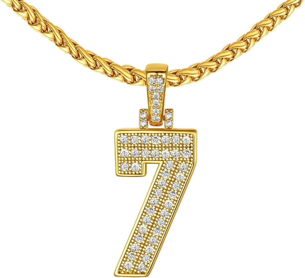 Bling Number Necklace Baseball Chain 14K Gold Plated Sports Football Pendant Hip Hop Cubic Zirconia Iced Custom Name Personalized Jewelry for Men Boys, Tennis Chain 18'' to 30'' + Gift Box