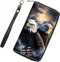American Flag Bald Eagle Wallet for Women with Credit Card Holder Coin Money Clip PU Leather Zip Around Clutch Wallet