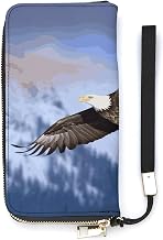 Bald Eagle Flying Long Wallet Clutch Wallets Wristlet Wallet | PU Leather Multi Card Slots Long Pouch Wallet Portable Large Capacity Zipper Wallet with Hand Strap for Travel and Daily Use
