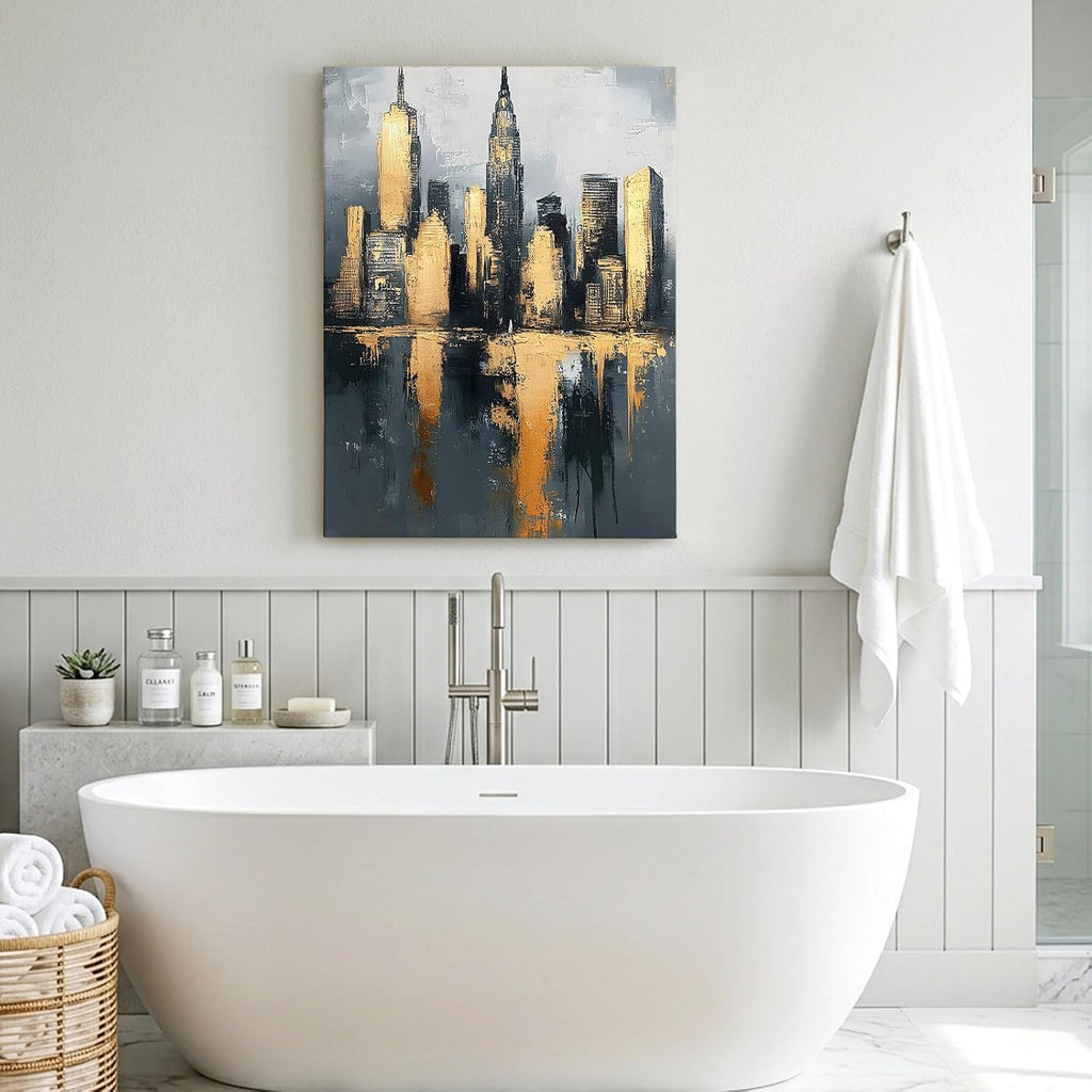 City Architecture Abstract Style Canvas Wall Art for Living Room Canvas Prints Paintings 18x24inch, Gold Foil Oil Painting Art Artwork for Bedroom Bathroom Home Decor Wall Art Stretched and Framed
