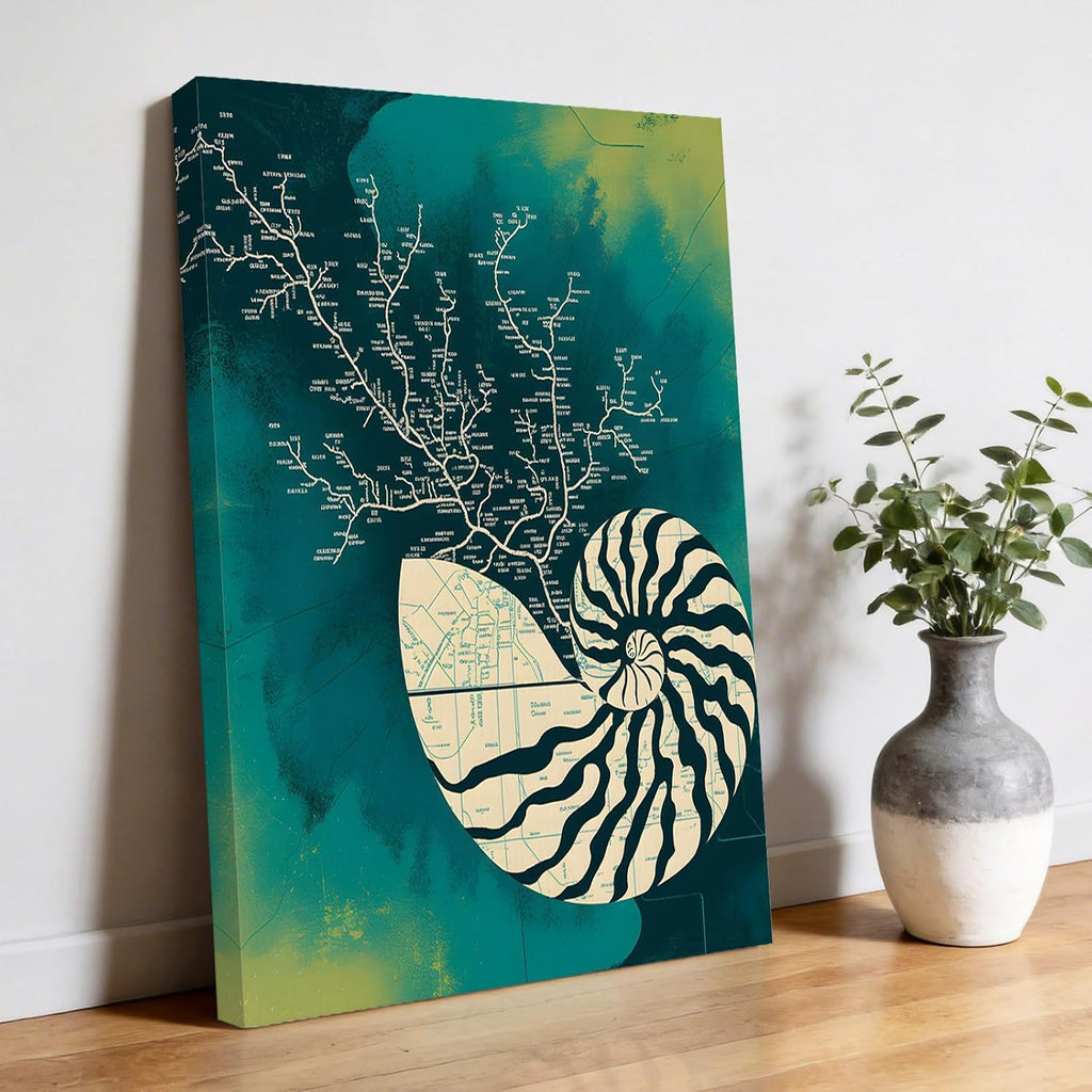Abstract Conch Canvas Wall Art for Living Room, Marine Life City Route Turquoise Gradient Poster Print Painting for Bedroom Office Home Decoration Wall Pictures Prepare To Hang 24"x36"
