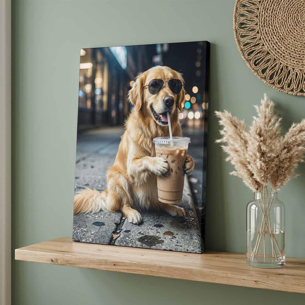 Golden Retriever Drink Iced Coffee Canvas Wall Art for Living Room, Modern City Sidewalk Poster Print Painting for Bedroom Office Home Decoration Wall Pictures Prepare To Hang 20"x24"