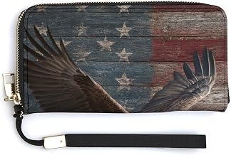 Bald Eagle Soaring over American Flag Rustic Wood PU Leather Clutch Long Bifold Wallet, Coin Purse Credit Pass Case, Durable Card-Holder Money Storage for Women Men