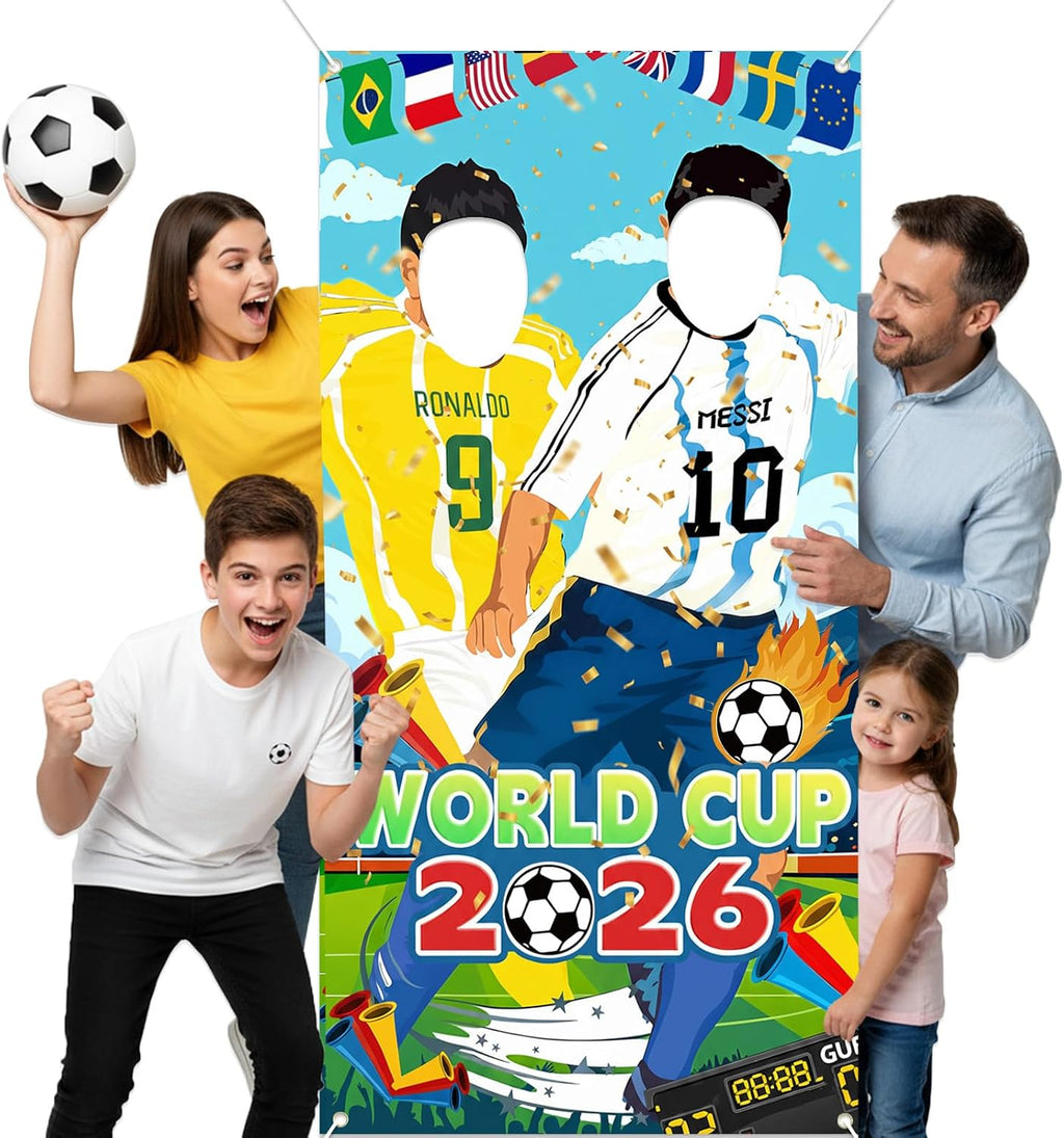 World Cup Photo Banner 71x35 Inches 2026 Soccer Player Cutout Backdrop with Face Hole for Soccer Party Decorations Photo Props Gift Soccer Party Backdrop Double Person Version