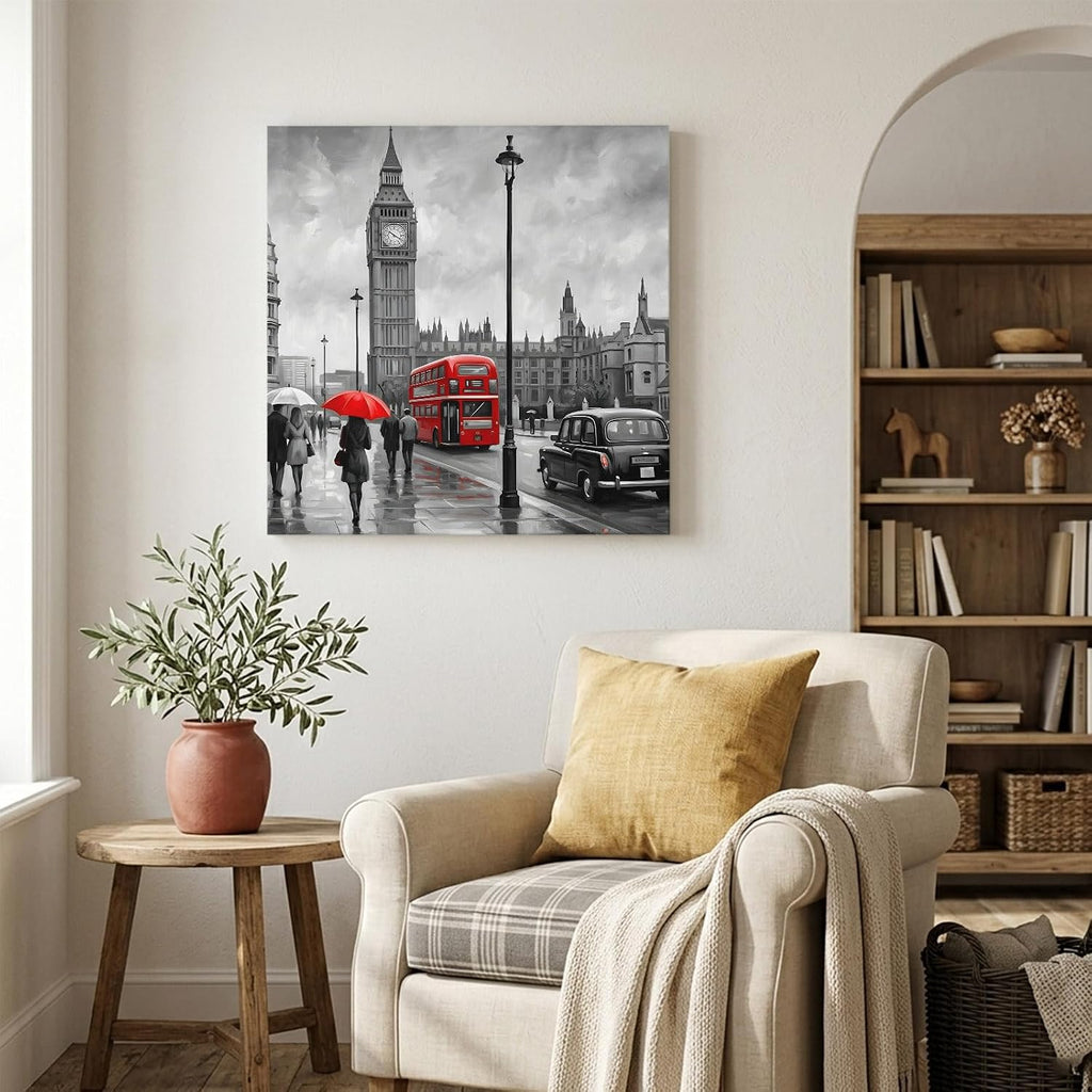 Canvas Wall Art, City Street Framed Canvas Prints for Bedroom Office, Big Ben London River Bus Bridge Rainy Day Large Gallery Wrapped Wall Decor for Home Office, Gifts, 16"x16" Ship Next Day
