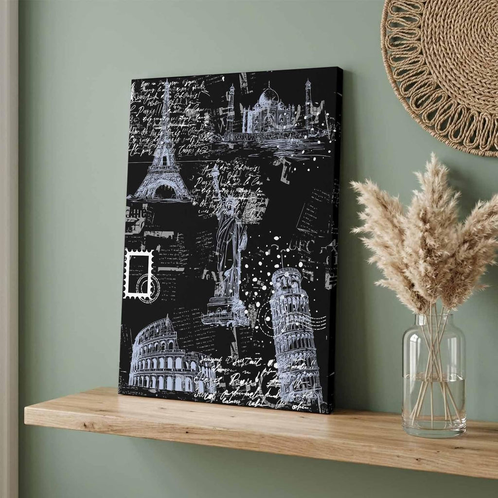Light Blue City Canvas Wall Art for Living Room, Modern Blue Architecture Black Poster Print Painting for Bedroom Office Home Decoration Wall Pictures Prepare To Hang 24"x32"