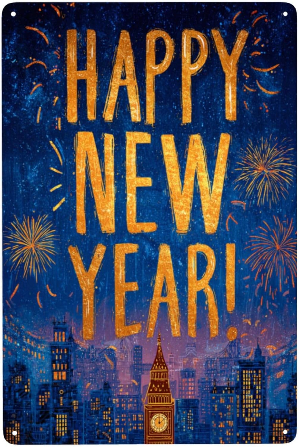 Happy New Year City Fireworks Print Wall Art,Metal Tin Signs Plaque Decorations Poster,Ideal For Holiday Hosts & Cityscape Lovers,Hang In Living Room Bar Cafe Party Home Decor 8x12inch