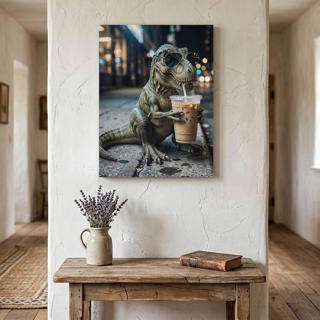 Dinosaur Drink Iced Coffee Wood Canvas Wall Art,Wall Decor for Bedroom Living Room Office,City Sidewalk Modern Funny Animal Canvas Prints Artwork Ready to Hang Home Decor,Housewarming Gift 22''x28''
