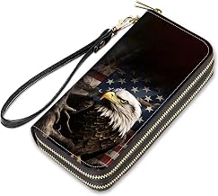 Patriotic USA Flag Bald Eagle Print Wallet for Women with Credit Card Holder Coin Money Clip PU Leather Double Zip Around Clutch Wallet