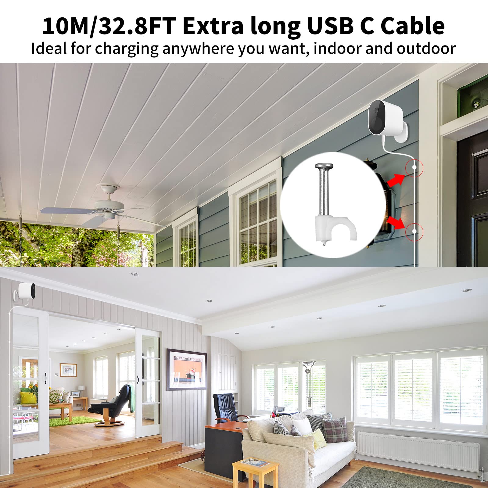 ACAGET USB to USB-C Charging Cable 32FT, Power Extension Cable for Vimtag Mini G3 Xiaomi Smart Camera C400 C500 Pro, Type C Charger Cord with 10 Wire Clips for Security Camera Outdoor/Indoor White
