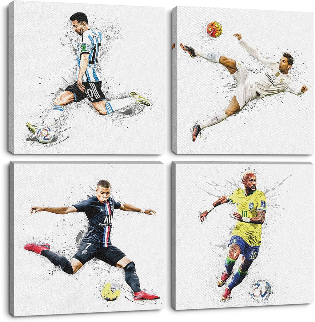 TBT 4PC Canvas Wall Art Framed Art Famous Soccer Superstar Room Decor Inspirational Sports Paintings Soccer Gifts Wall Decor Prints Picture for Boys Room Bar Gym Playroom Home Decor 7.9x7.9 inch