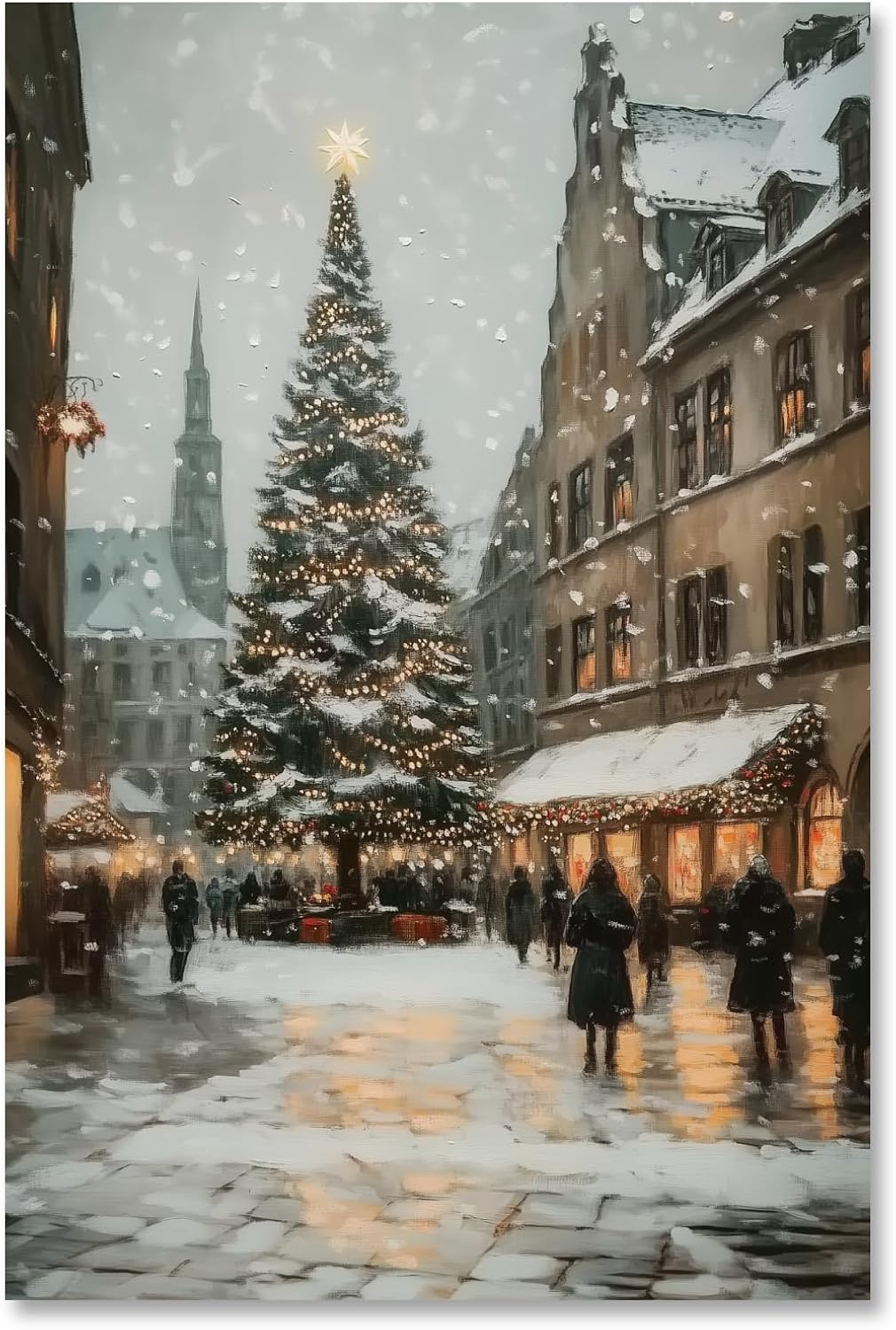 Ripiyome Christmas City Square Wall Art Vintage Snowy Winter Street Scene Poster Retro Holiday Tree Festive Lights Xmas Landscape Picture Rustic Canvas Oil Painting Print Decor 12x16inch Unframed