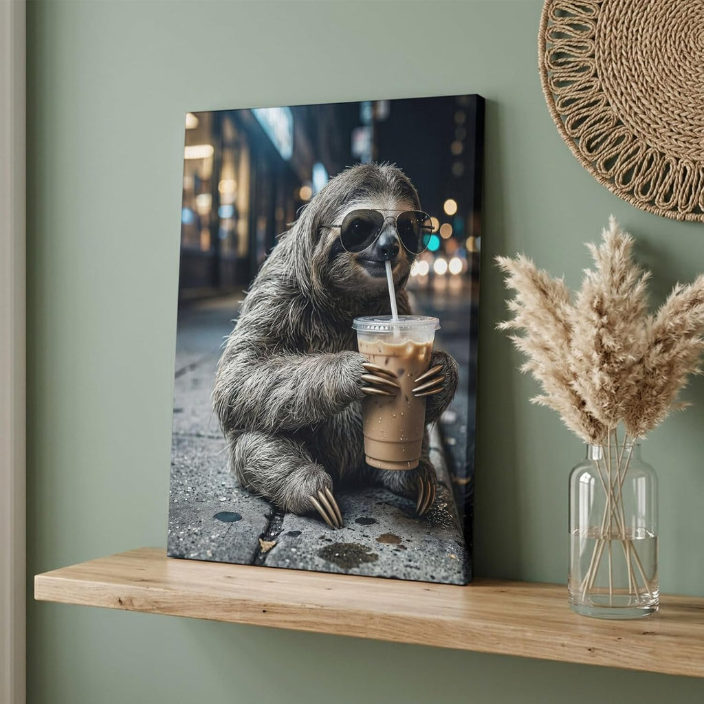 Koala Drink Iced Coffee Canvas Wall Art for Living Room, Modern City Sidewalk Funny Animal Poster Print Painting for Bedroom Office Home Decoration Wall Pictures Prepare To Hang 12"x18"