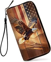 Womens Wallet, Large Capacity PU Leather RFID Blocking Wristlet Wallets A Art Bald Eagle Flag Design for Women Ladies Men Credit Card Holder Zipper Wallet Phone Holder Clutch Travel Purse