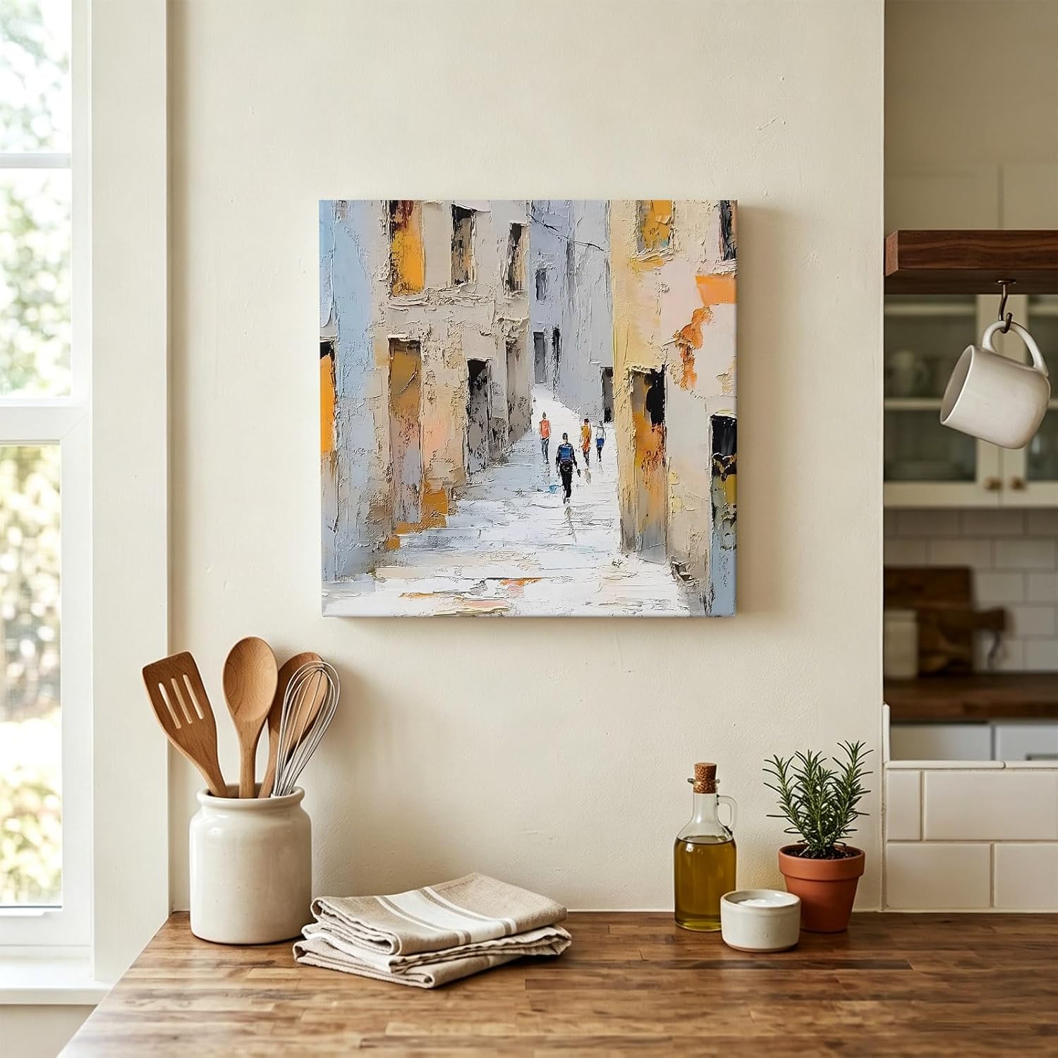 Canvas Wall Art, Rustic City Framed Canvas Prints for Bathroom Kitchen, Vintage Abstract Aesthetic Oil Painting Gallery Wrapped Wall Decor for Home Office, Gifts, 10"x10" Ship Next Day