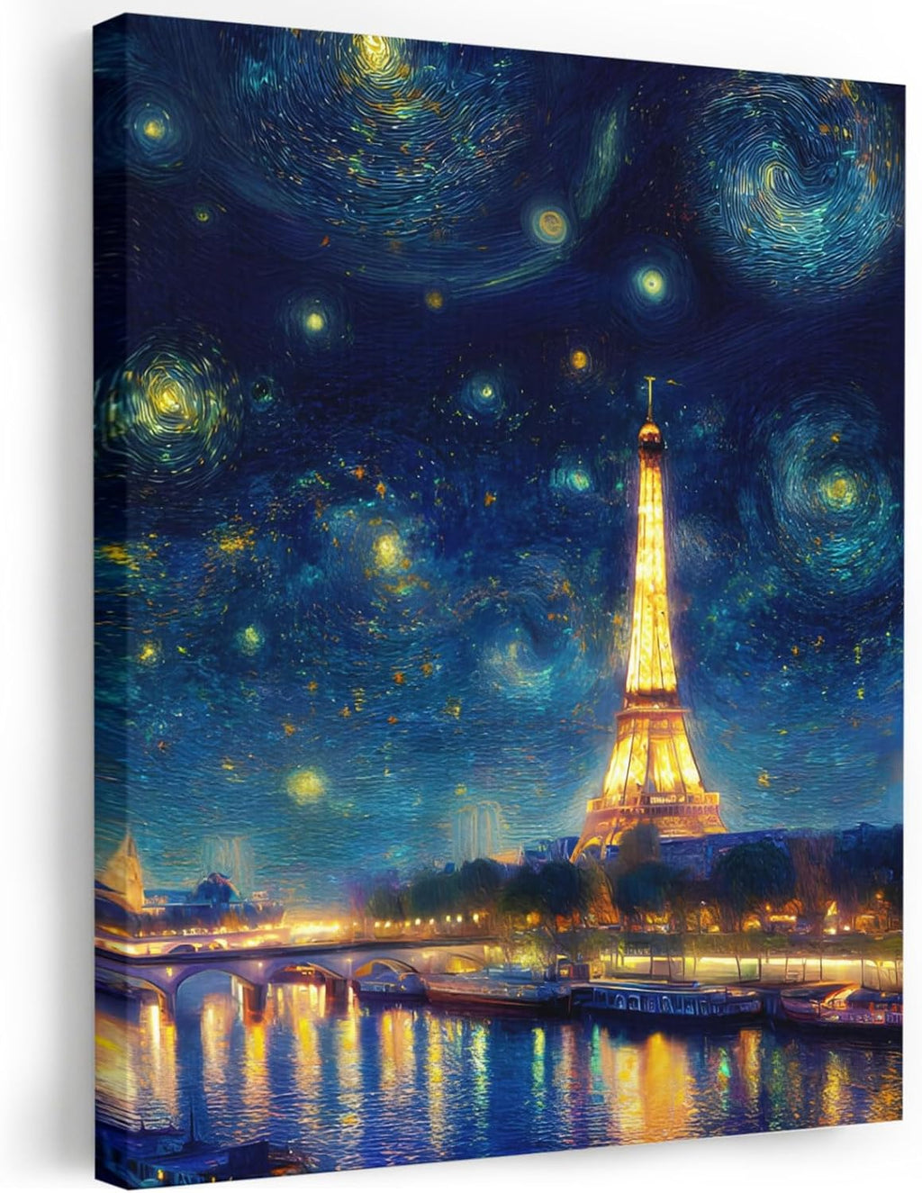 Eiffel Tower Framed Wall Art, Starry Night City River Impressionist Canvas Prints, Large Wall Decor Modern Artwork for Living Room Bedroom Office Home, Ready to Hang, Made in USA, 24"x32"