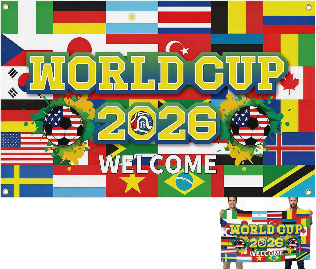2026 Soccer Cup Backdrop, 71"×43" Large World Tournament Cup Banner for Fans, Fade-Resistant Polyester Fabric Photo Booth Background for Soccer Sports Events, Party Decor Celebration
