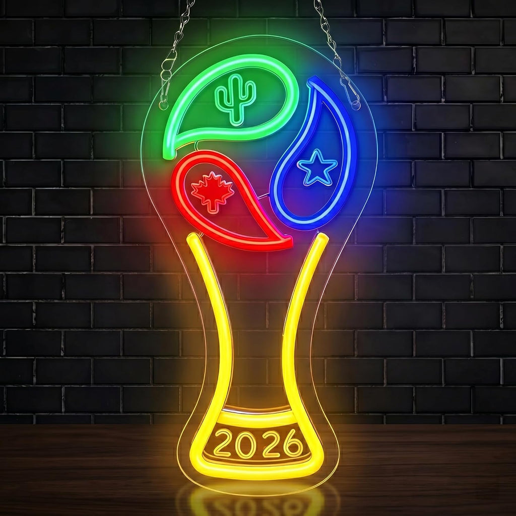 2026 Soccer World Cup Neon Sign for Wall Decor - Dimmable LED Neon Light with Hanging Chain & Hooks, Soccer Trophy Shape Light Up Sign for Bar, Game Room, Sports Fan Man Cave Party Decorations
