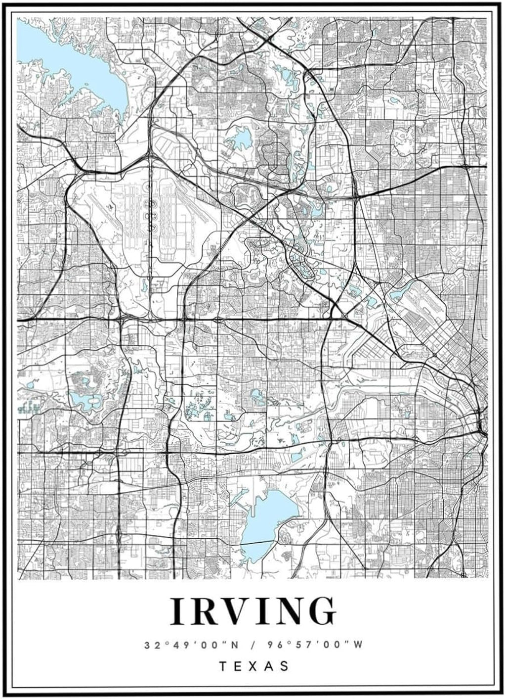Pirkoca Irving Texas City Map Wall Art Minimalist Black and White Street Poster Detailed Metropolitan Layout Canvas Print for Living Room Office Bedroom Decor (Unframed,16X24 inch (40X60CM))