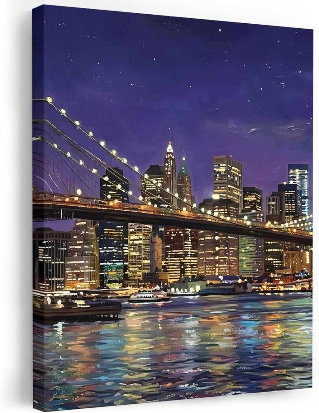 Brooklyn Bridge Framed Wall Art, Night City Urban Landscape Canvas Prints, Stretched Wall Decor Artwork for Living Room Bedroom Office Home, Ready to Hang, Made in USA, 12"x16"