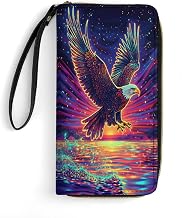 Neon Bald Eagle Wallet Women Large Capacity Clutch Purse Wristlet with Phone Pocket, Card Holder & Zipper Coin Compartment