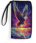 Neon Bald Eagle Wallet Women Large Capacity Clutch Purse Wristlet with Phone Pocket, Card Holder & Zipper Coin Compartment