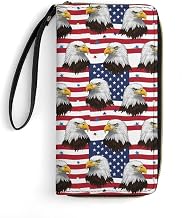 American Flag Bald Eagle Art Wallet for Women Clutch Zip Purse Ladies Phone Long Purse Wristlet Leather Wallet with ID Window
