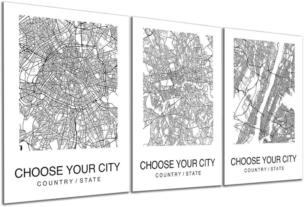Custom Map Wall Art Print Poster Set of 3 City Map Street Black & White