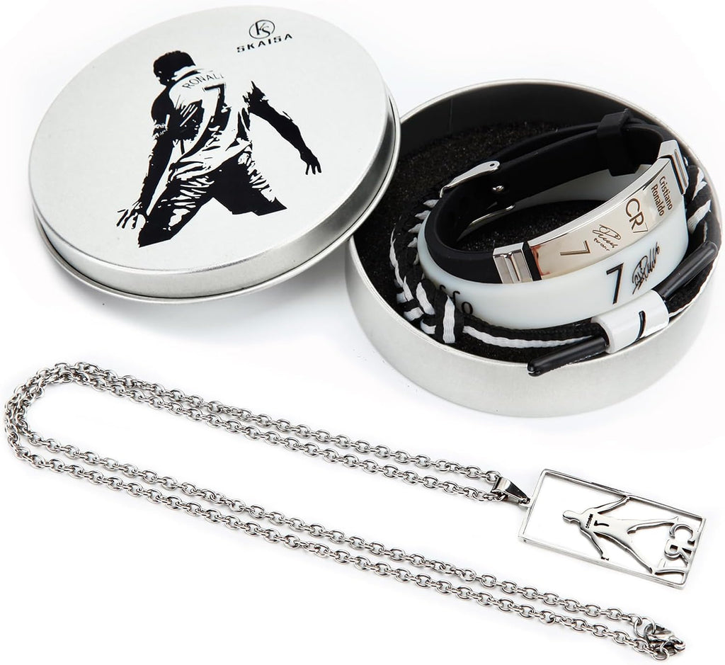 Set of 4 Ronaldo Stuff, Ronaldo Necklace, Signature Black Wristband, Hand Weave Bracelet, White Sports Wristband, C-ristiano Ronaldo Merch, Ronaldo Jersey No. 7 Collection Metal Gift Box
