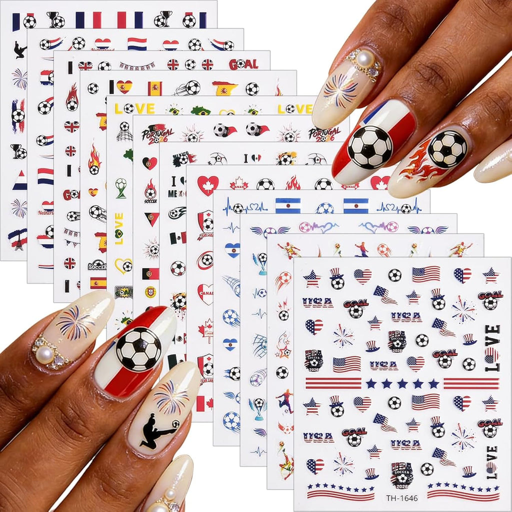 Soccer Game Day Nail Stickers 12 Sheets - Multi-Country Team Colors & Flag Design with Soccer Ball & Trophy, Self-Adhesive Nail Art Decals for Women, DIY Manicure Supplies