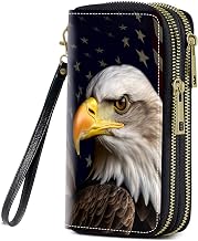 Bald Eagle American Flag Print Women Large Capacity Wallet PU Leather Double Zipper Clutch Purse for Smart Phone/Card/Coin/Cash
