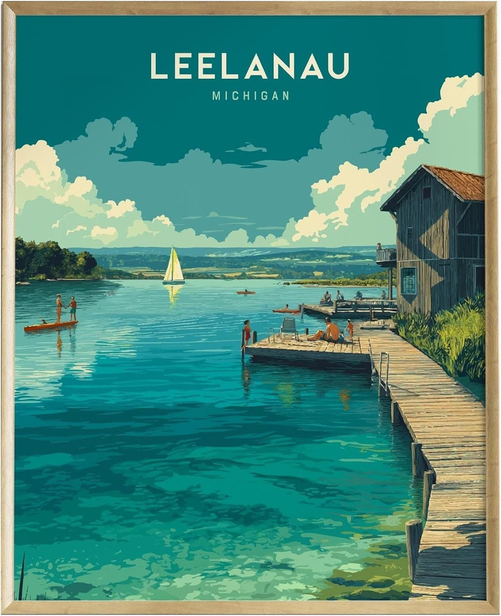 Leelanau Michigan Lake Poster | Rustic Dock Sailboat Wall Art | Modern Nautical Print | 24x36 in/White Framed