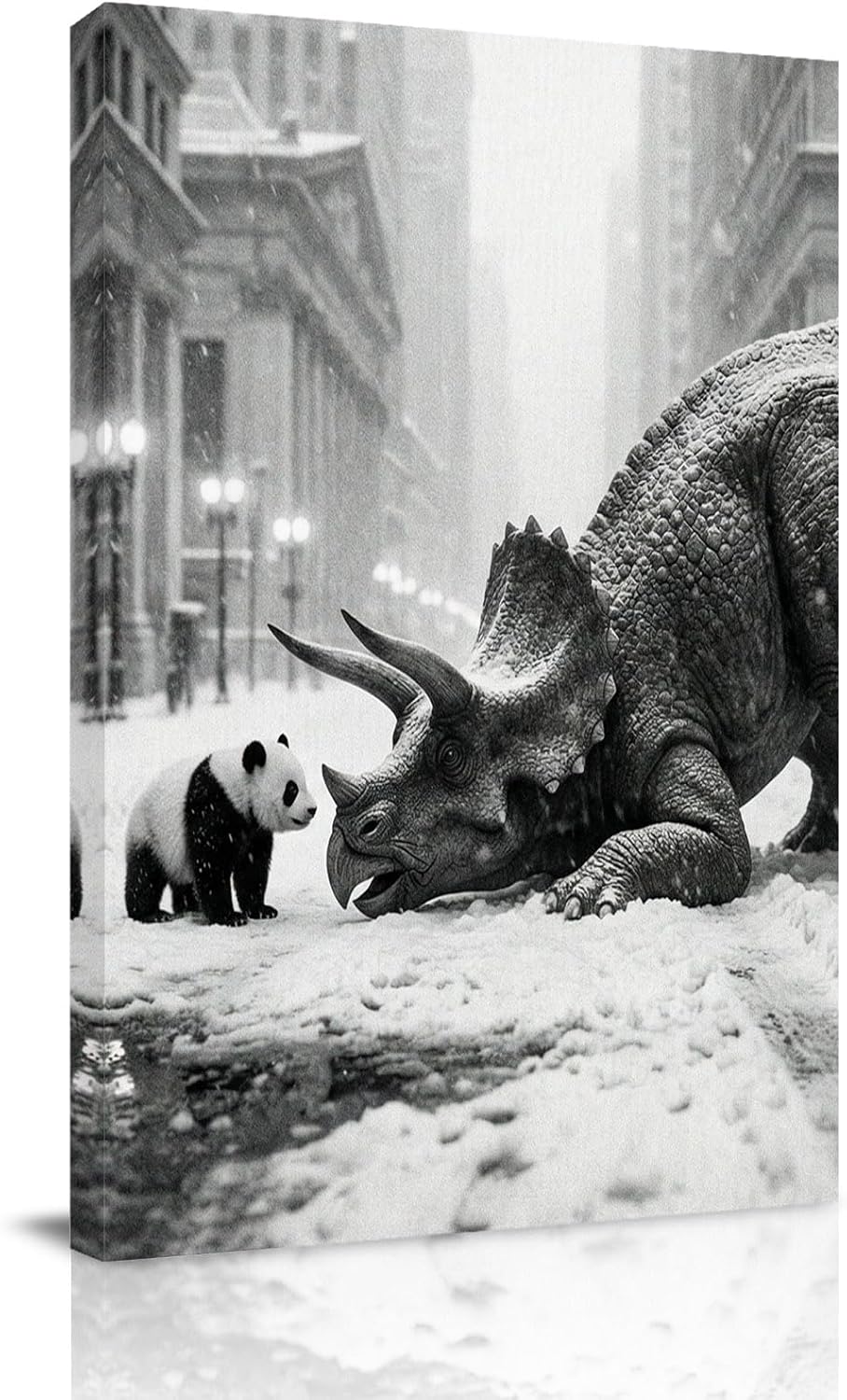 Gray Dinosaur Panda Canvas Wall Art for Living Room, Abstract Animal Vintage City Snowfield Wall Decor Framed Artwork Pictures Ready to Hang for Bedroom Office Home Decor 16x20 Inch