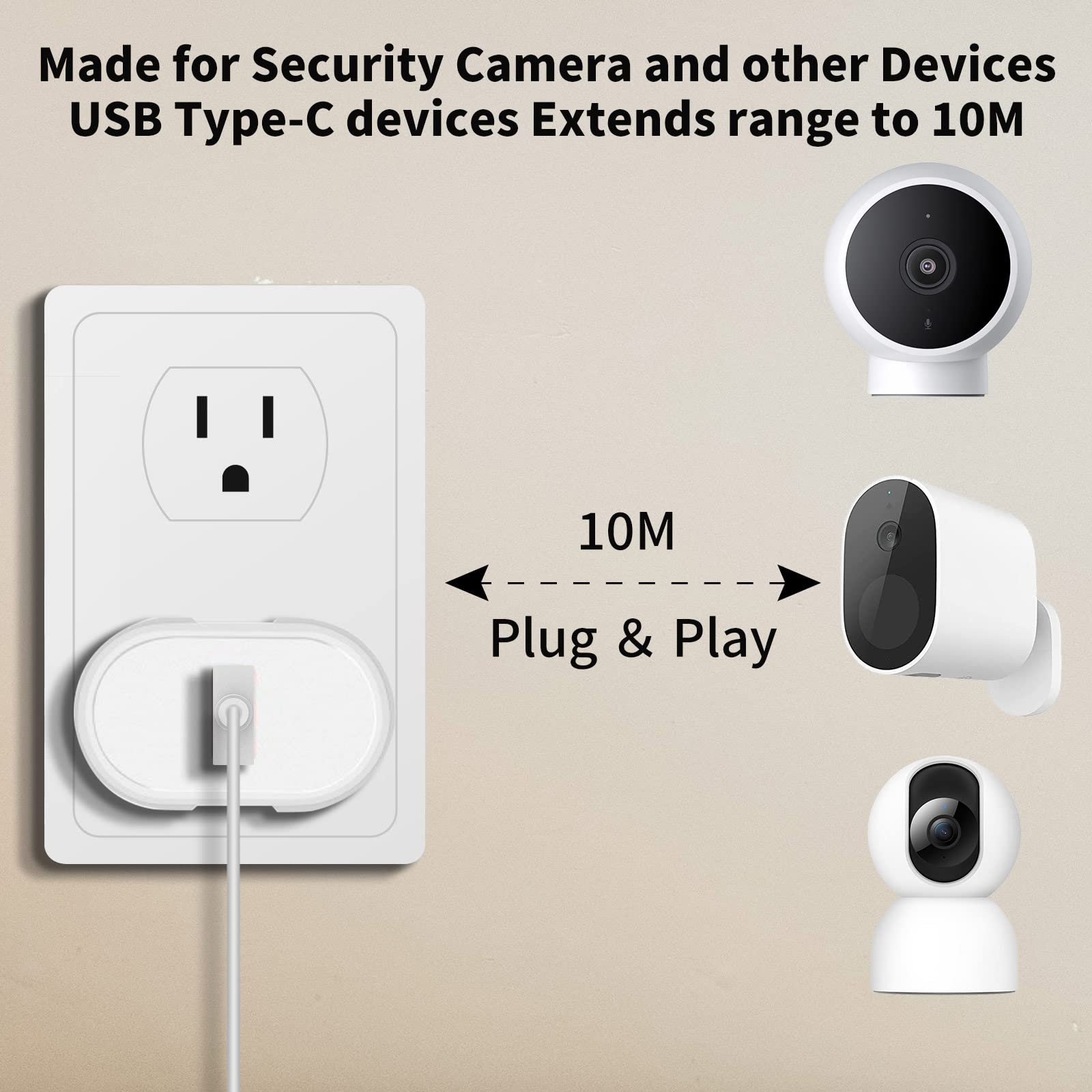 ACAGET USB to USB-C Charging Cable 32FT, Power Extension Cable for Vimtag Mini G3 Xiaomi Smart Camera C400 C500 Pro, Type C Charger Cord with 10 Wire Clips for Security Camera Outdoor/Indoor White
