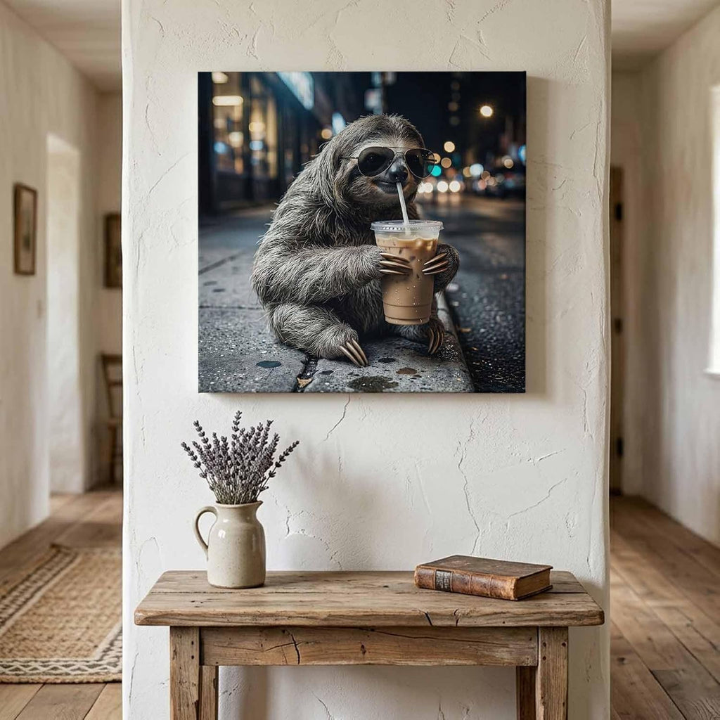 Sloth Drink Iced Coffee Wood Canvas Wall Art, Wall Decor for Bathroom Kitchen Nursery, City Sidewalk Modern Funny Animal Canvas Prints Artwork Ready to Hang Home Decor, Housewarming Gift 8''x8''