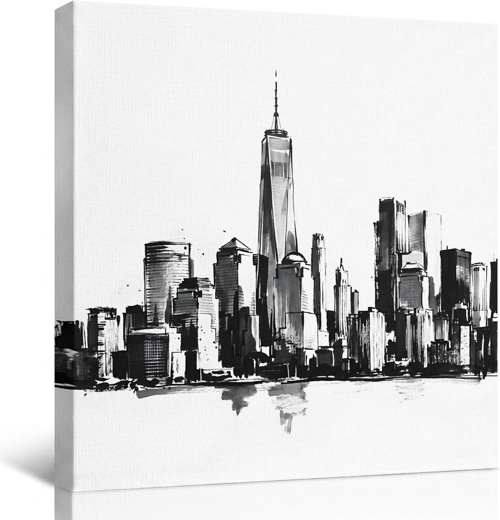 City Silhouette Framed Wall Art, Modern Minimalist Black and White Skyscraper Canvas Prints, Stretched Wall Decor Artwork for Living Room Bedroom Office Home, Ready to Hang, Made in USA, 8"x8"