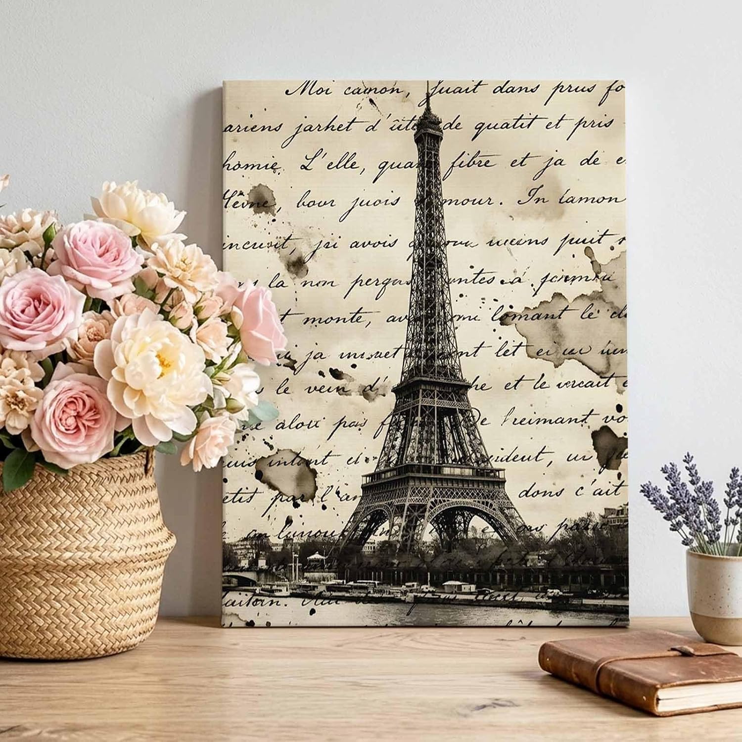Paris Tower Canvas Wall Art for Living Room, Nostalgic Retro Travel Brown Romantic City Vintage Script Poster Print Painting for Bedroom Office Home Decoration Wall Pictures Prepare To Hang 8"x10"