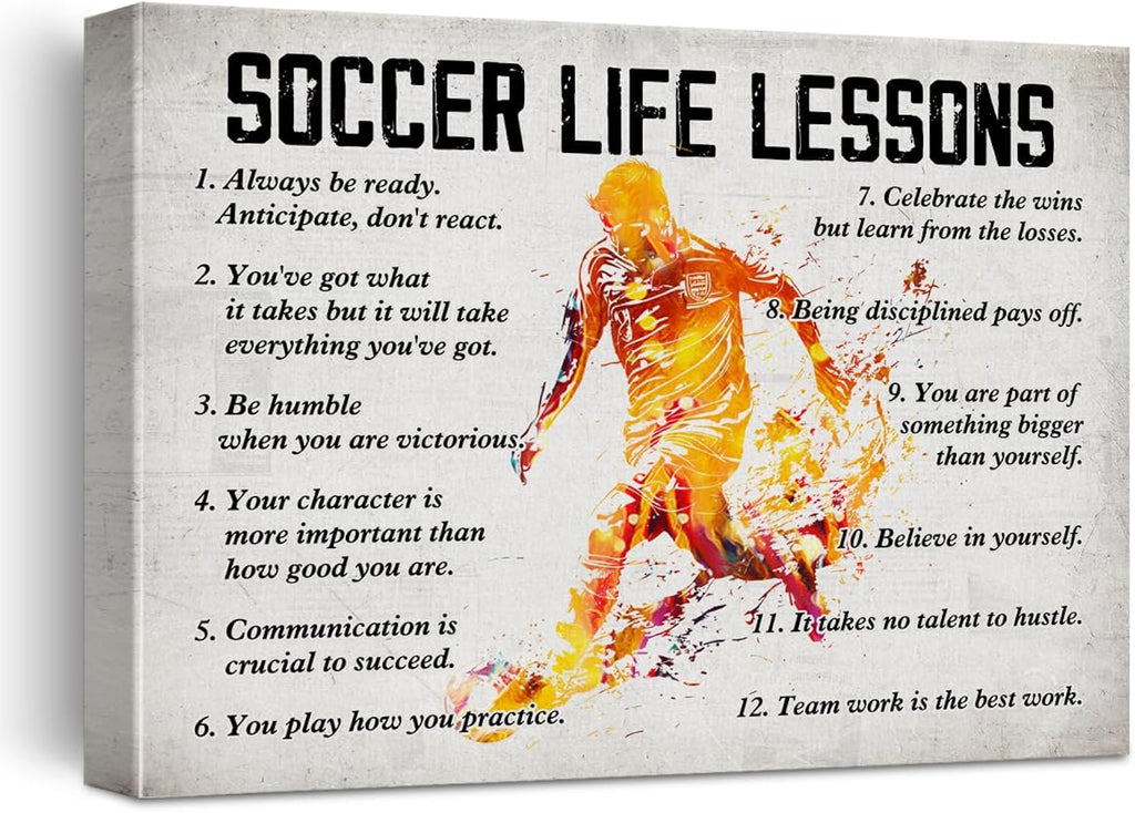 Hijie Soccer Poster Canvas Wall Art Home Decor, Soccer Life Lessons Inspirational Canvas Print Painting Ready to Hang, Soccer Gifts for Men - Easel & Hanging Hook 12x15 Inch
