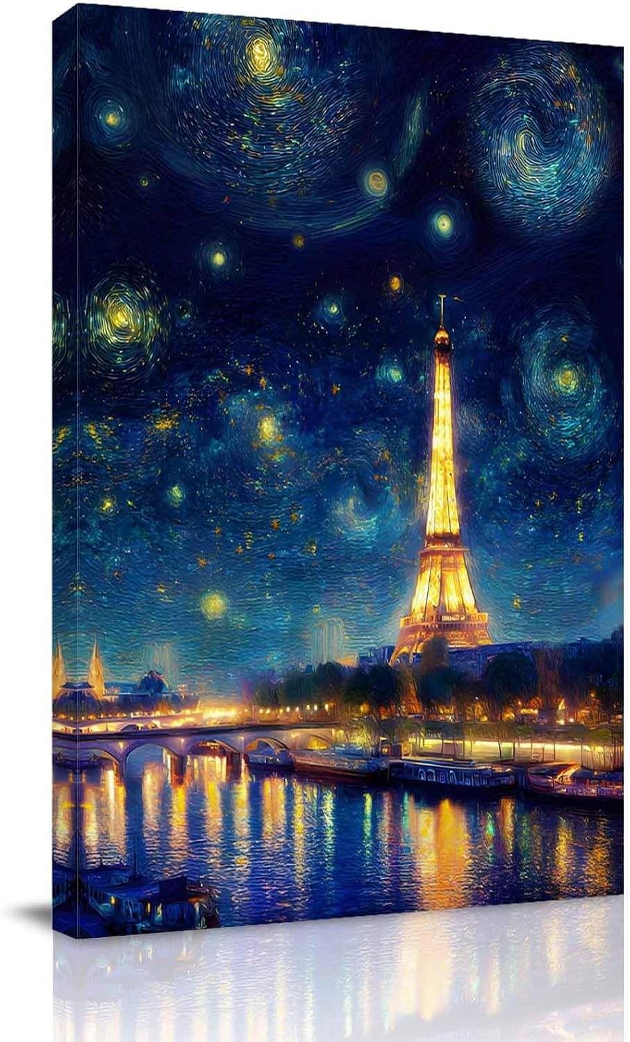 Eiffel Tower River Starry Sky Canvas Wall Art 16x24 Inch,Romantic City Lights Framed Canvas Painting Print Posters,Ready to Hang,Wall Decor for Living Room Bedroom Office