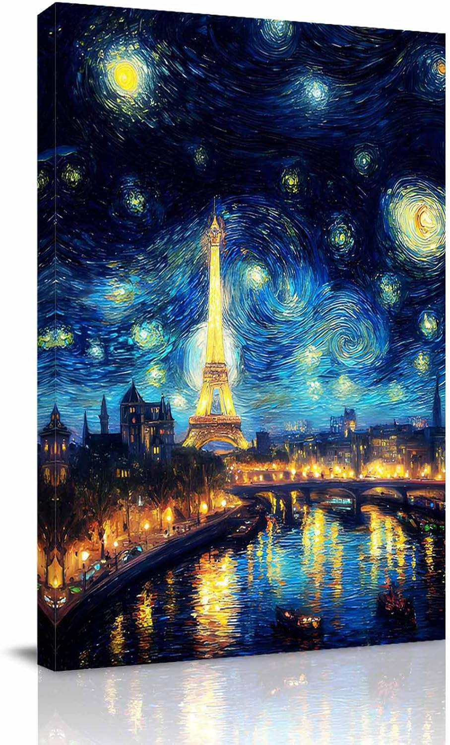 Eiffel Tower Canvas Wall Art for Living Room, Starry Night City Impressionist Abstract Wall Decor Framed Artwork Pictures Ready to Hang for Bedroom Office Home Decor 16x20 Inch