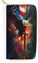 Bald Eagle American Flag Eagle Long Wallet Leather Hand Wallets Zipper Travel Credit Card Holder Clutch Wallet 7.8X4.1 Inch